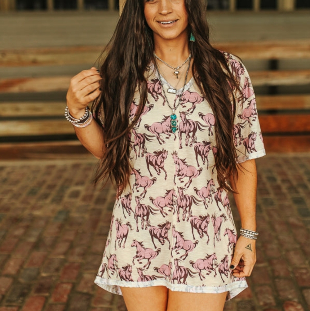 NEW LUCKY AND BLESSED Cream and Pink Horse Printed Loose Fitted Long Dress Top
